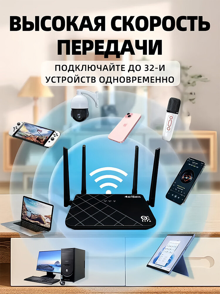 Роутер wifi с cим картой; 4g wifi с сим; 4 антенны, поддержка сетей 4G, LTE, 5G, черный — фото 1