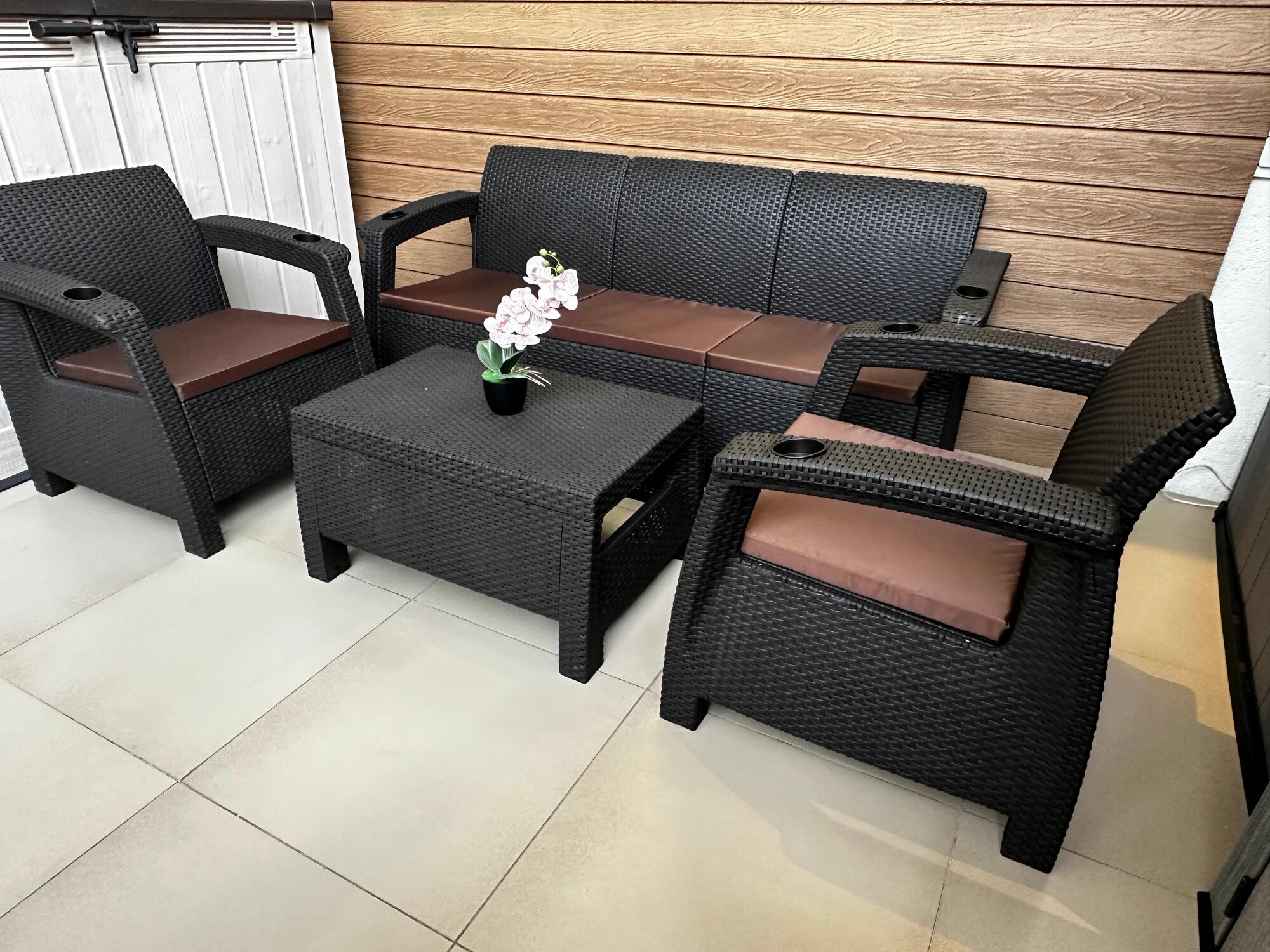 Комплект мебели под ротанг 5 set коричневый с шоколадными подушками
