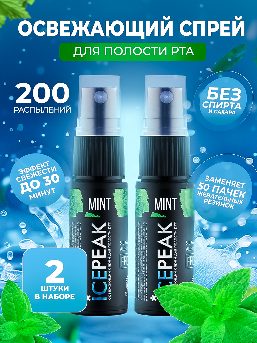 Спрей освежитель IcePeak для полости рта с мятой, 2 шт.
