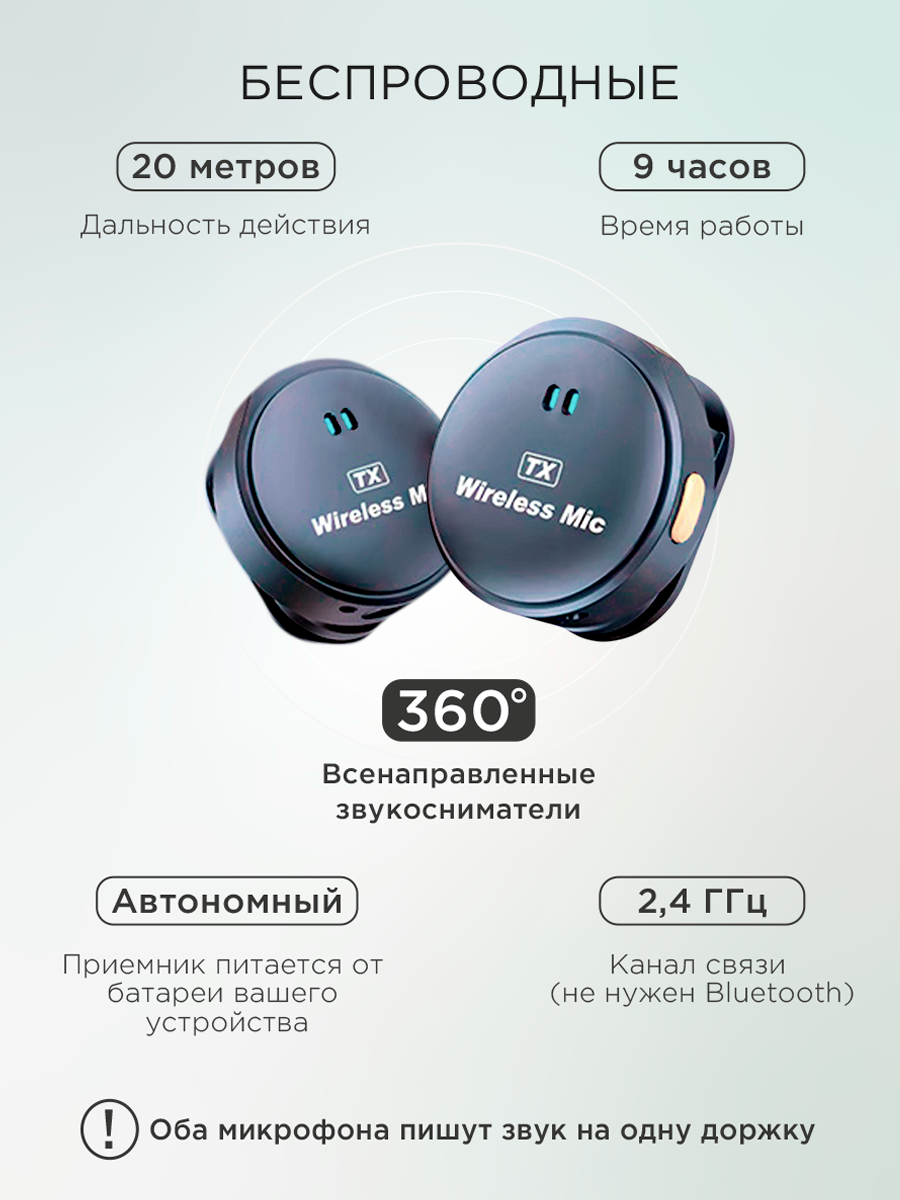 Петличный микрофон беспроводной, для iPhone/Android, шумоподавление, 2 шт. — фото 1