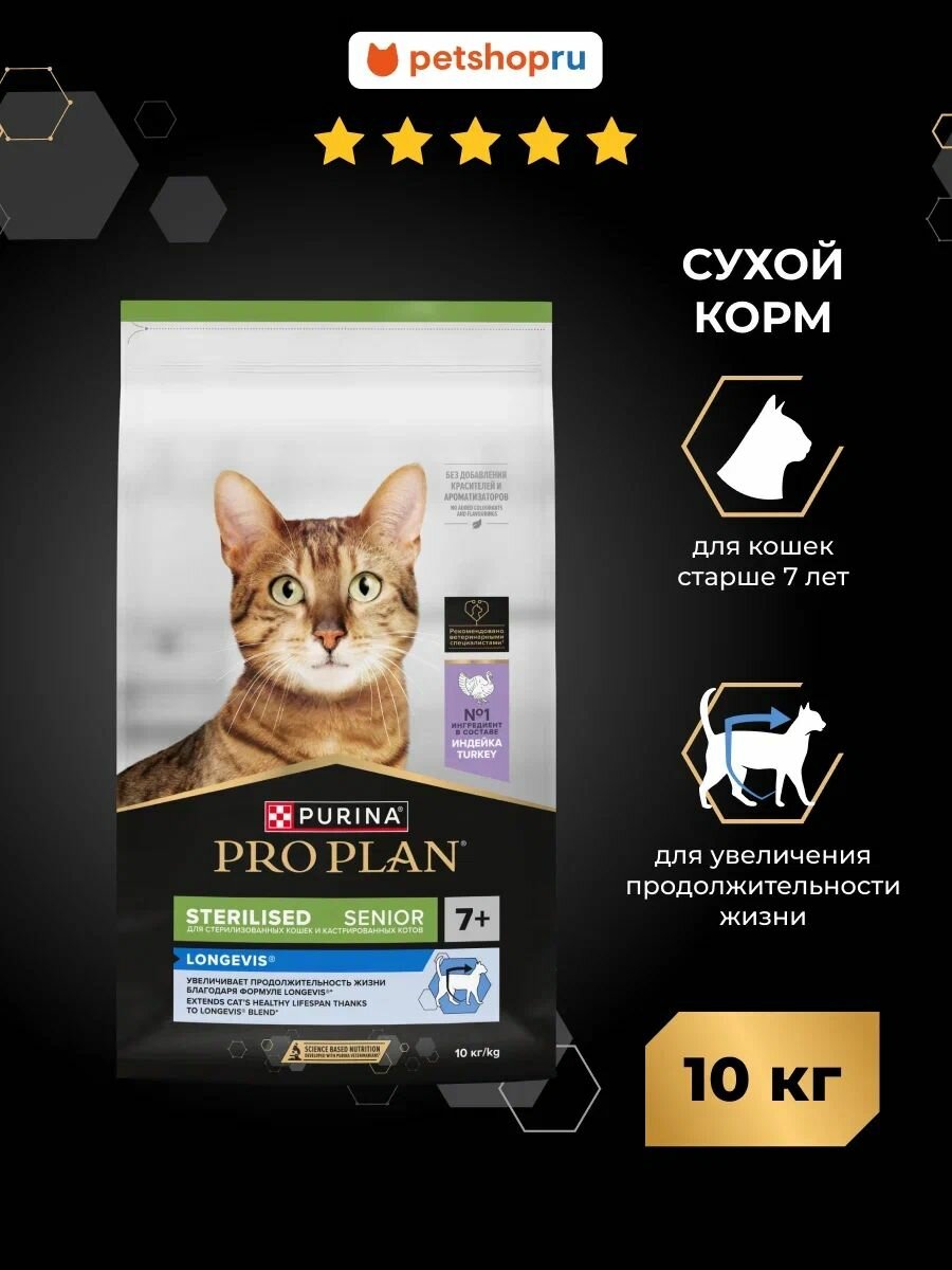 Сухой корм PRO PLAN Sterilised LONGEVIS для стерилизованных кошек старше 7 лет, с высоким содержанием индейки, 10 кг