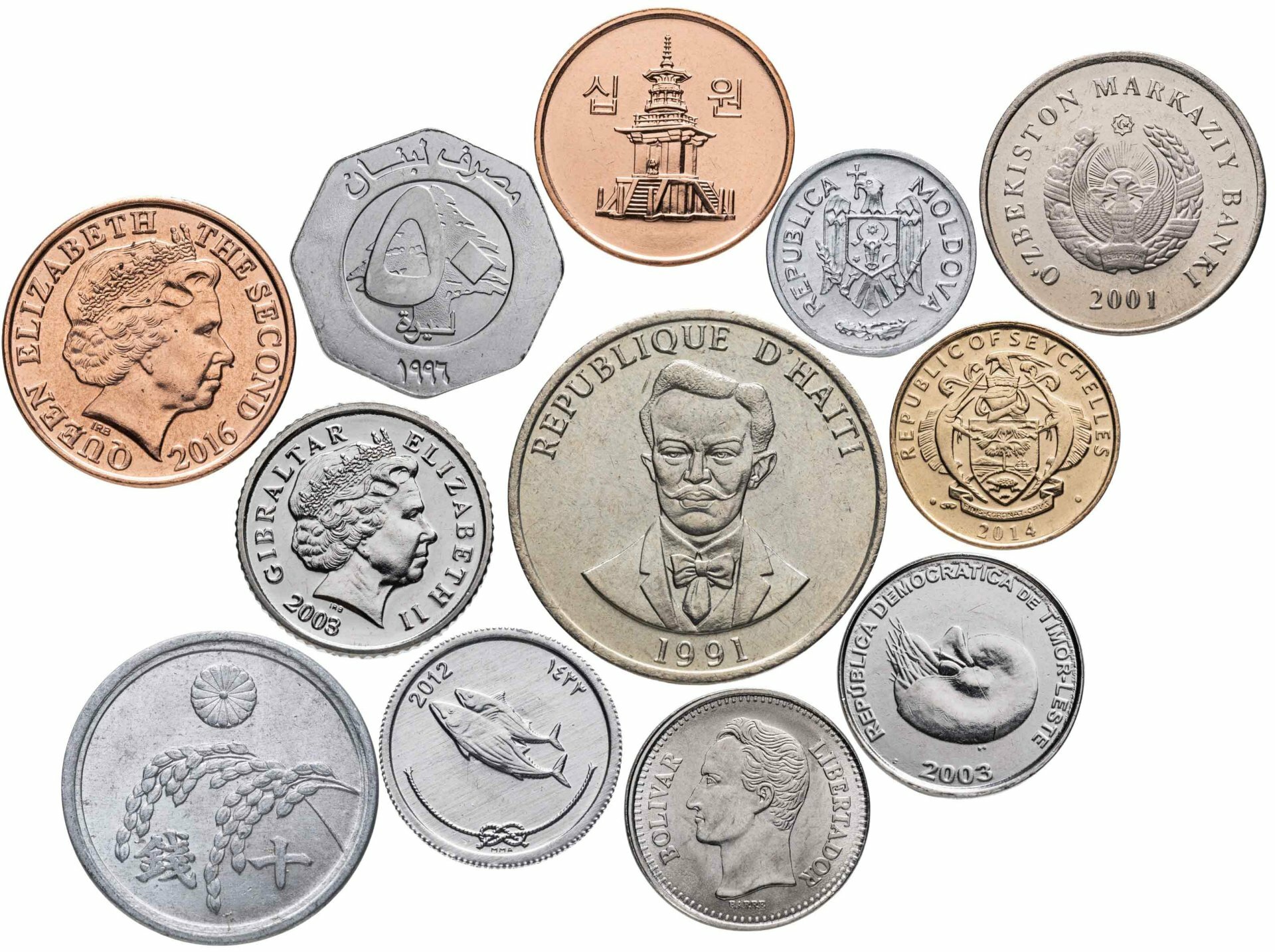Набор из 12 монет разных стран мира 1945-2022, Разный сплав, в сохранности UNC