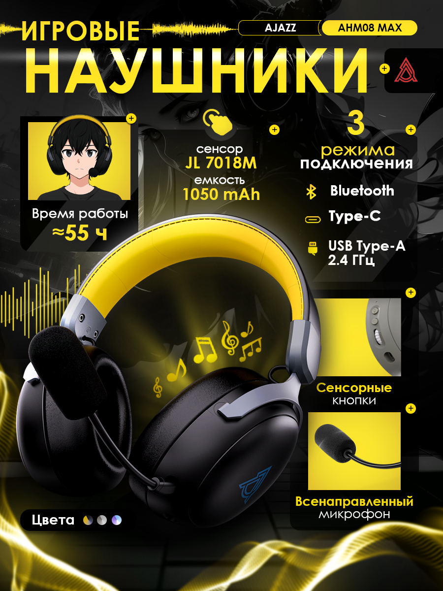 Игровые беспроводные/проводные наушники AJAZZ AHM08 MAX с микрофоном