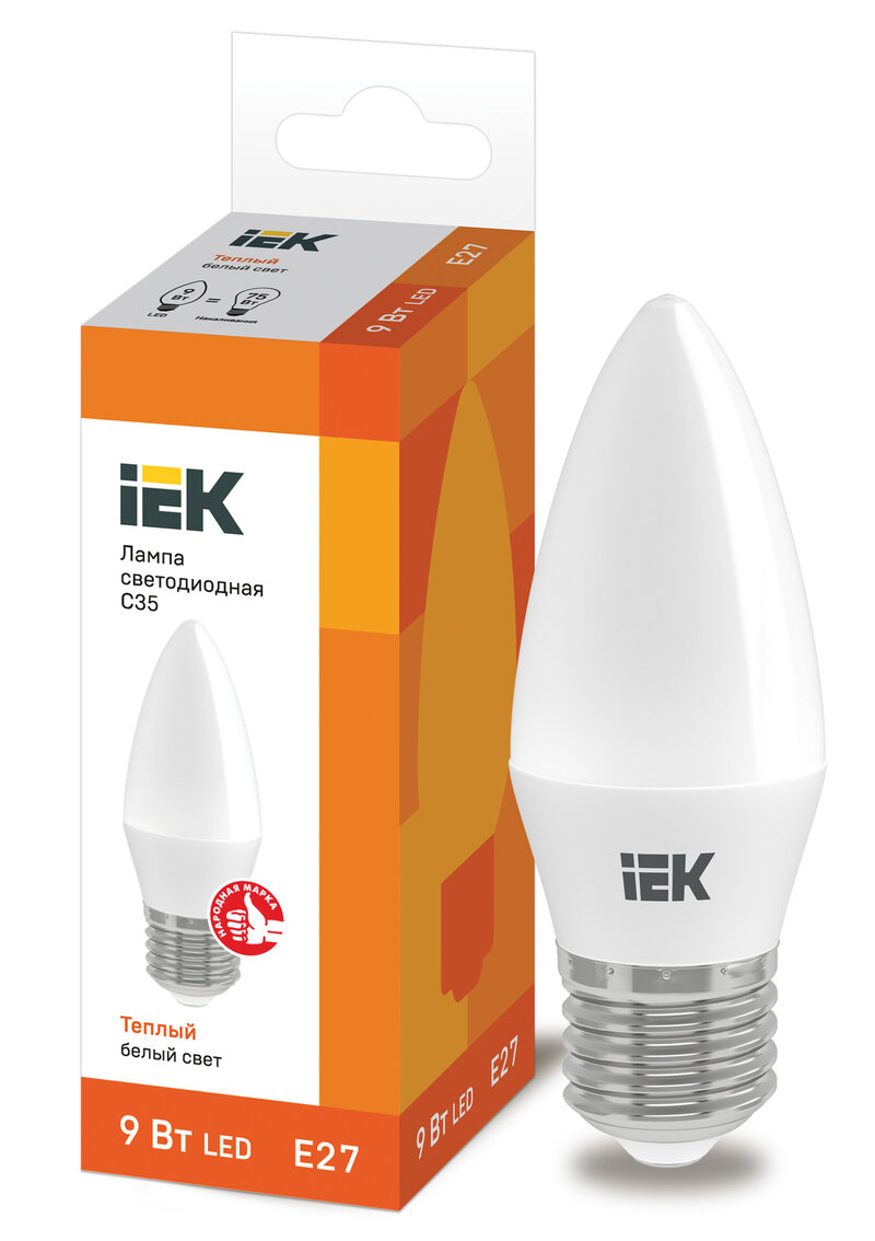 IEK Лампа светодиодная LED 9Вт 230В 3000К E27 свеча LLE-C35-9-230-30-E27 IEK