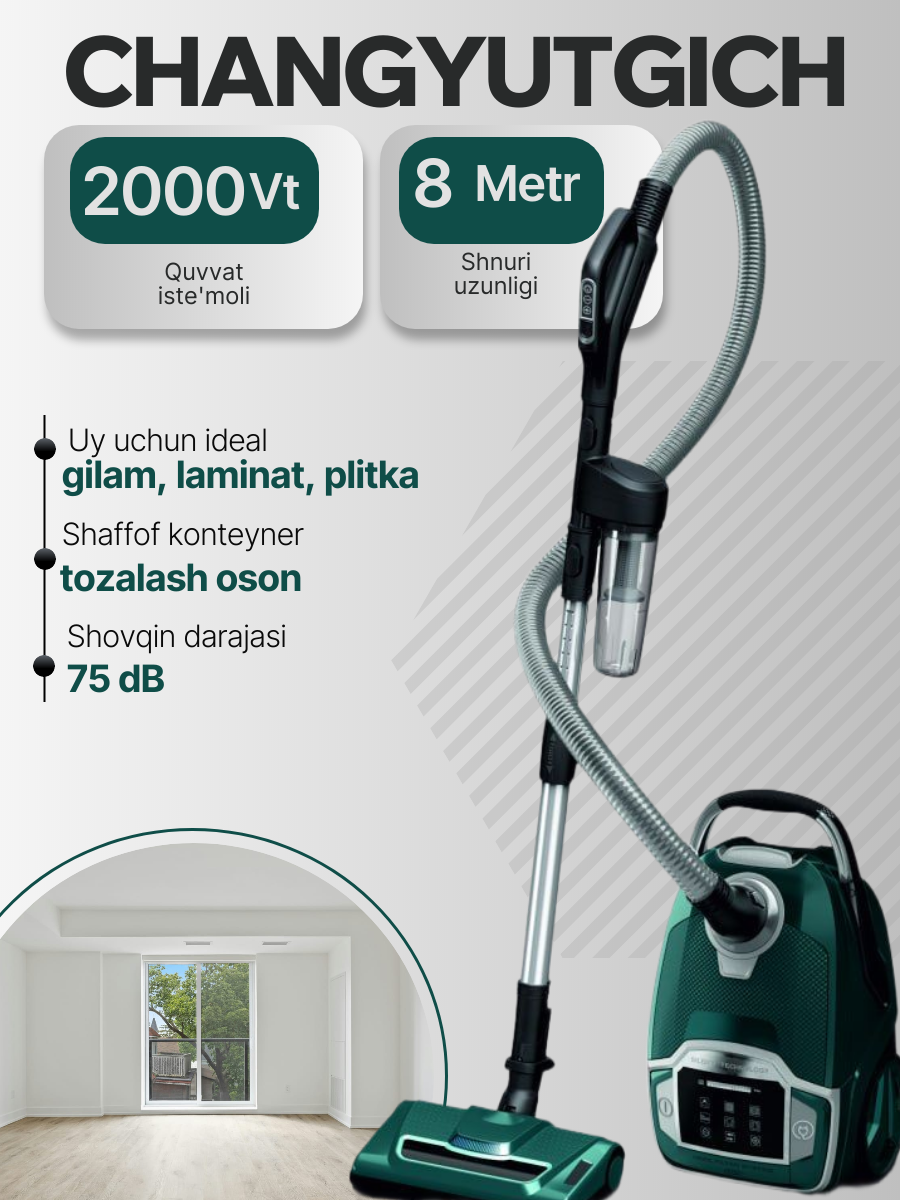 Пылесос циклонный Hofmann, 2000 Вт, контейнерный, шнур 8 м, 75 дБ, с набором из 3 универсальных насадок