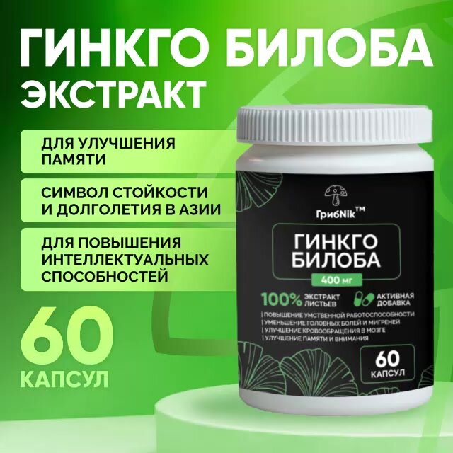 Гинкго Билоба для памяти, мозга, внимания, сердца, сосудов, ноотроп, 60 таблеток от ГрибNik — фото 1