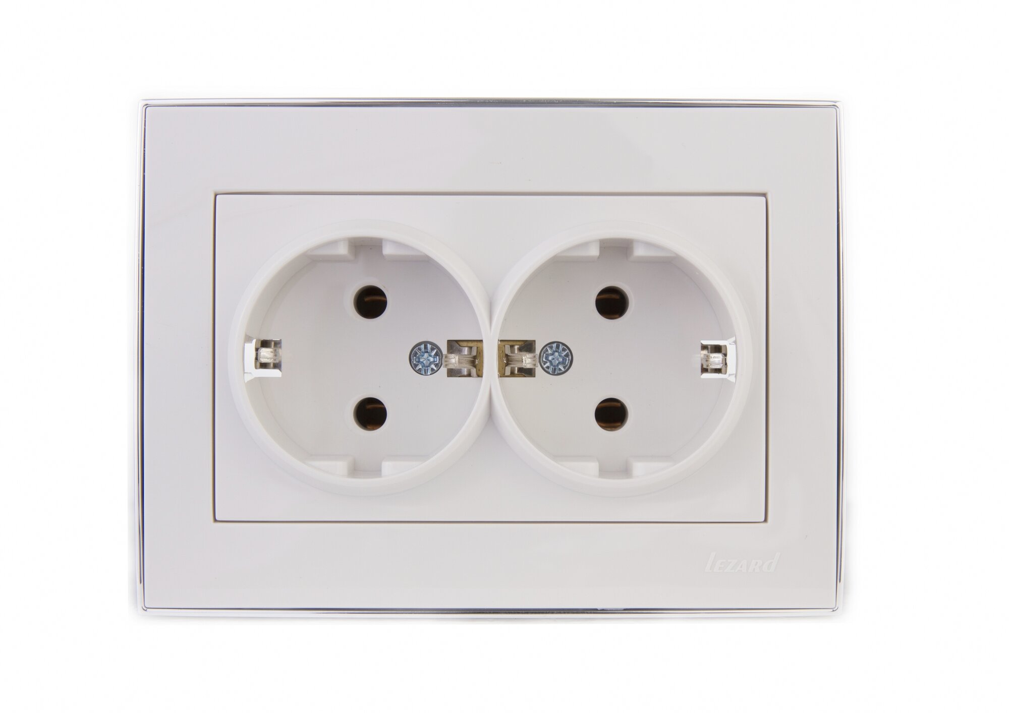 RAIN Розетка двойная с/з керамика белый с бок. вст. хром