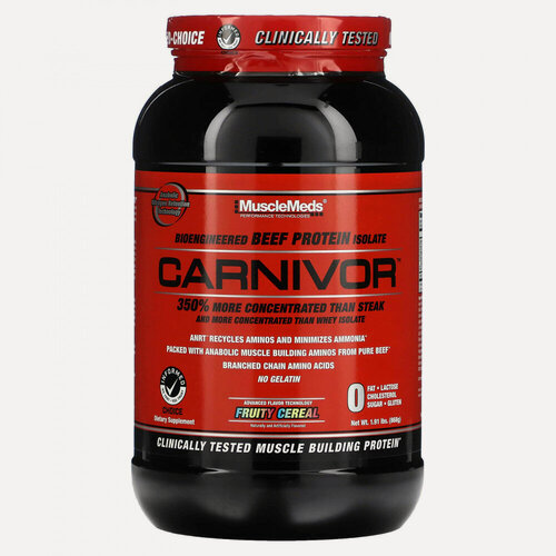 Изображение товара MuscleMeds, Carnivor, изолят говяжьего белка, созданный путем биоинженерии, со вкусом фруктовых хлопьев, 868 г (1,91 фунта)