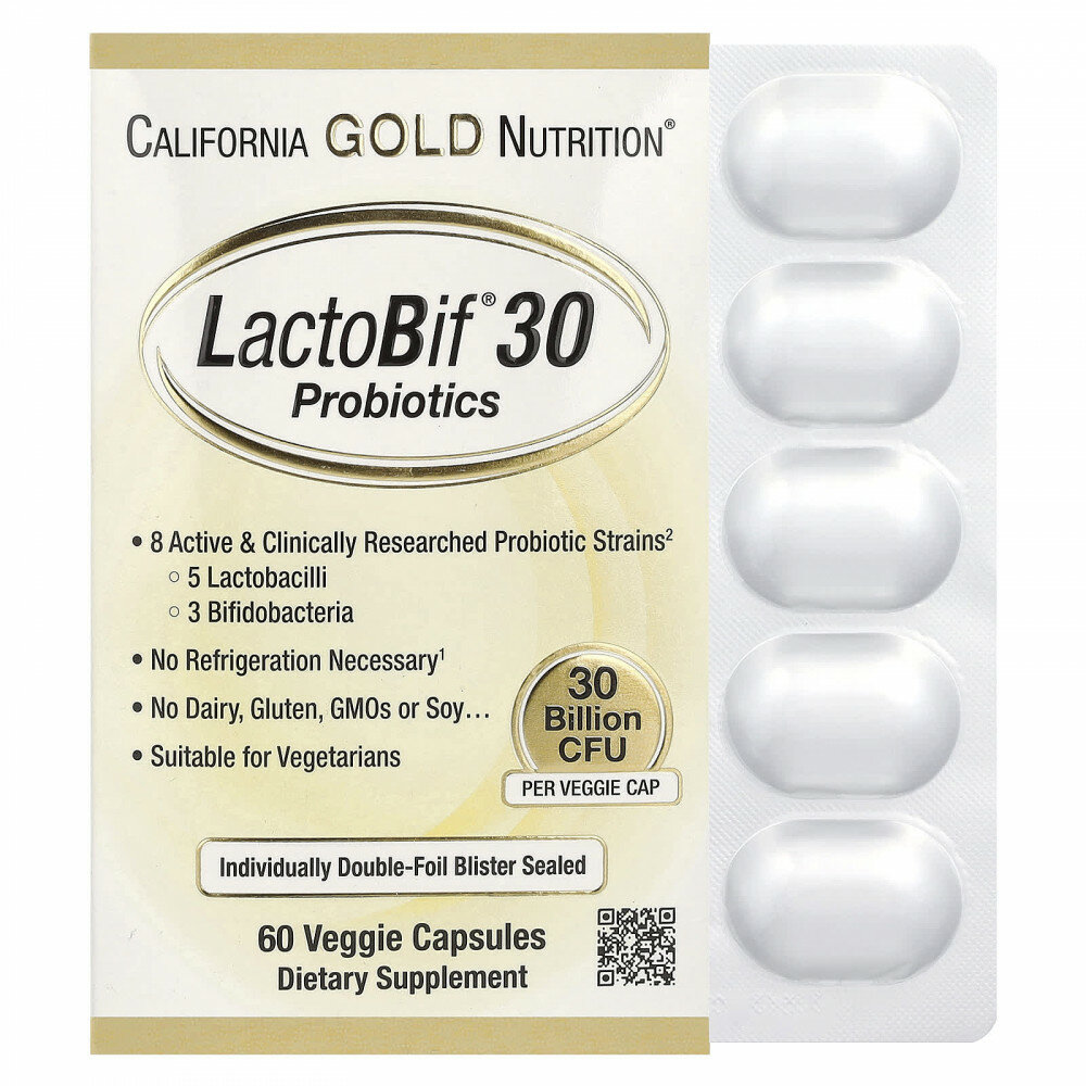 California Gold Nutrition, LactoBif® 30, пробиотики, 30 млрд КОЕ, 60 растительных капсул