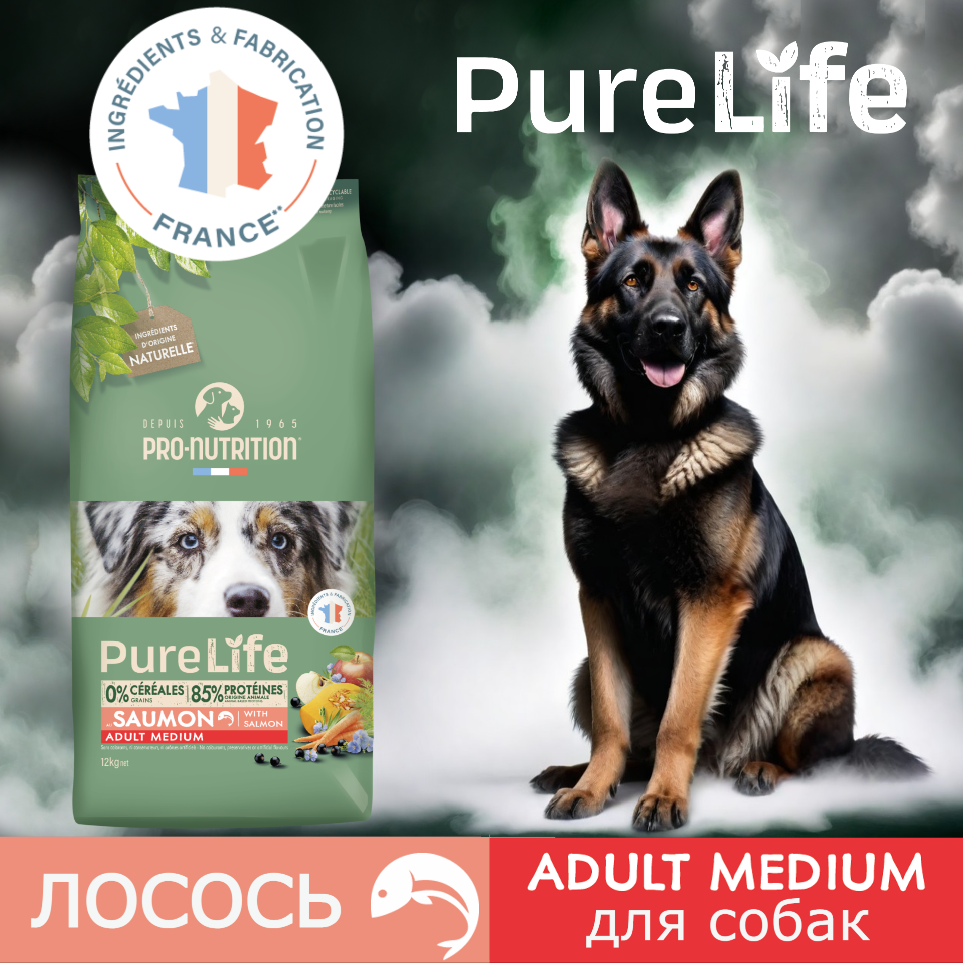 Корм сухой полнорационный Pro Nutrition Flatazor Pure Life Adult Medium с лососем для взрослых собак средних или крупных пород  беззерновой  гипоаллергенный  Франция  12 кг 