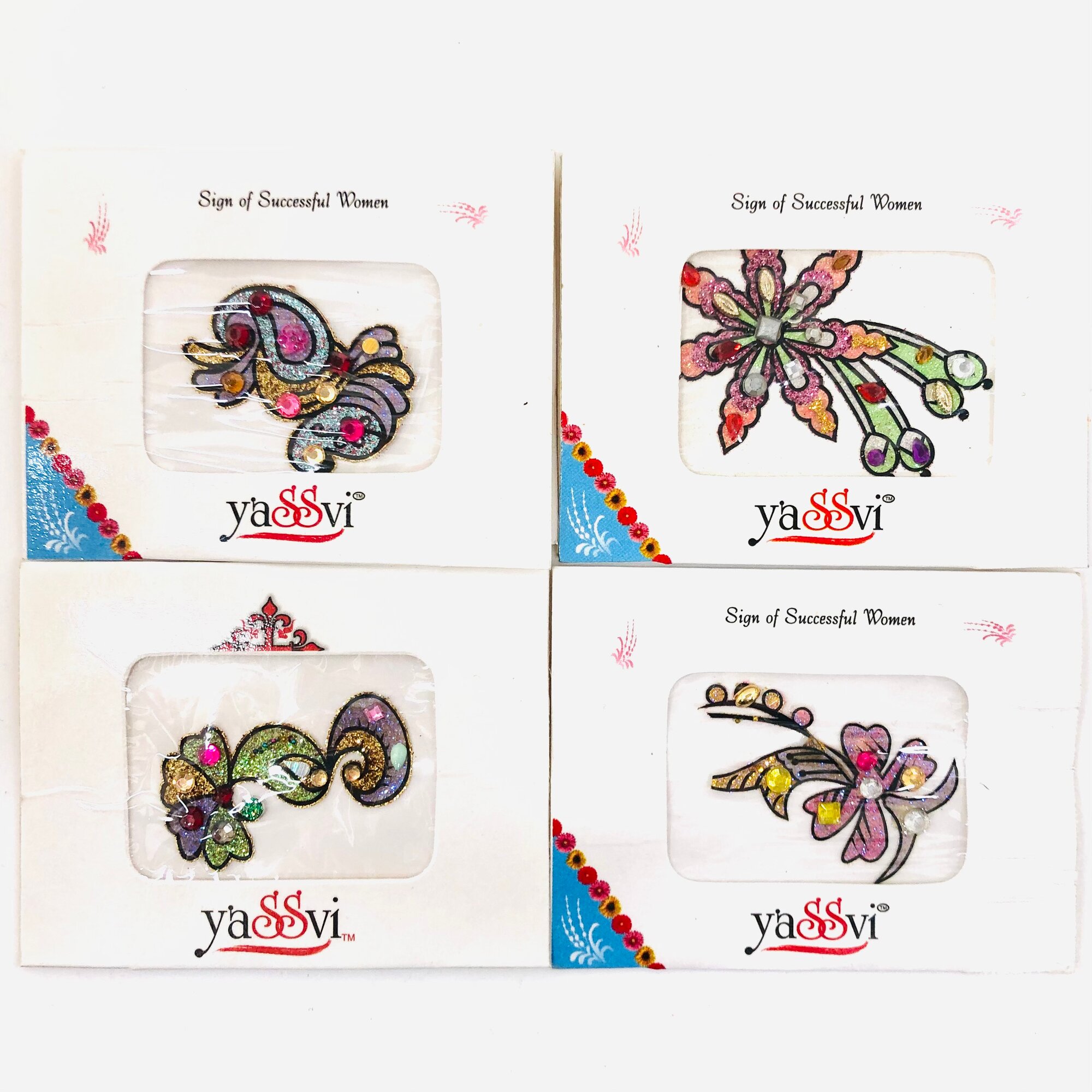 Бинди, набор наклеек 4 штуки, на тело/ лицо, блестки, стразы, , 6х5 см, Индия.