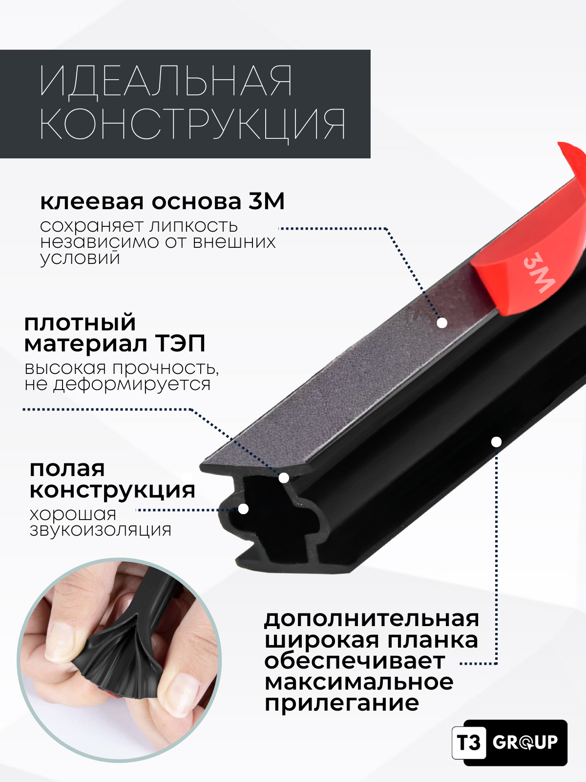 Уплотнитель самоклеящийся для входных металлических железных дверей, ворот, калиток, черный 8*10 мм, 3М, утеплитель — фото 1