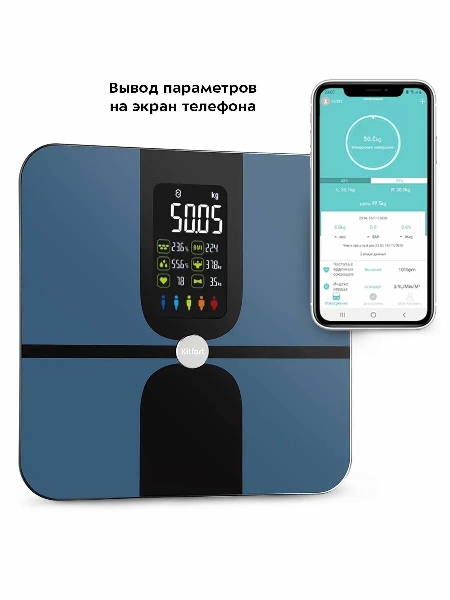 Изображение Напольные весы Kitfort КТ-816, нагрузка до 180 кг, точность измерения 50 г, синие