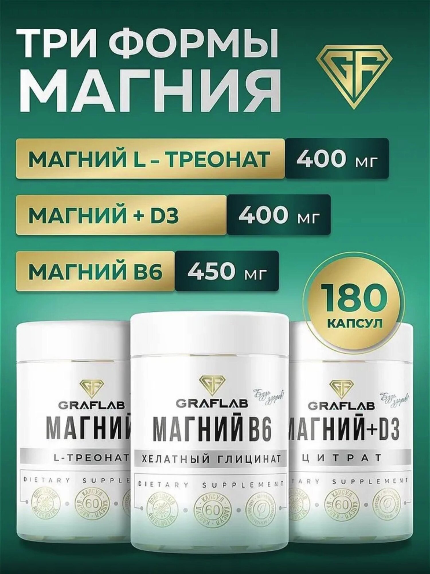 Магний Цитрат + Хелатный Глицинат + L-Треонат GraFLab, 3 банки по 60 капсул — фото 1
