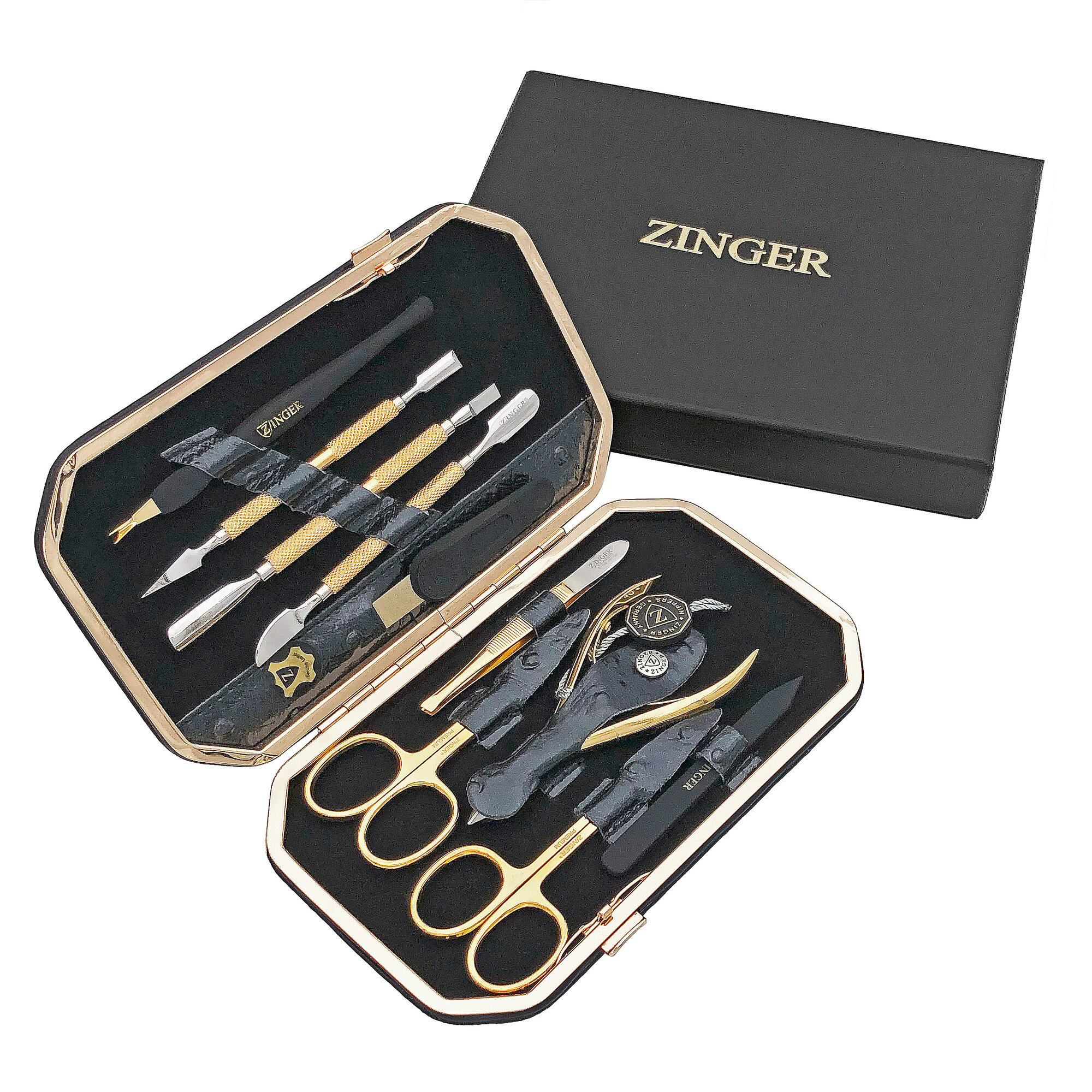 Маникюрный набор Zinger MSFE-801 G, 10 предметов, позолоченный/графит