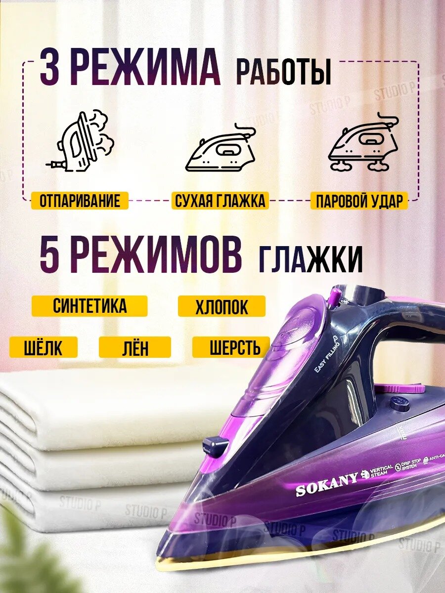 Домашний утюг беспроводной, с функцией вертикальной глажки, паровой удар, антипригарное покрытие, система самоочистки — фото 1