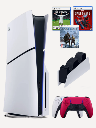 Изображение товара Игровая приставка PlayStation 5 Slim с дисководом , 1 TБ, 2 геймпада, зарядная станция, игра Fifa 25, игра Spider-Man 2, игра God of War
