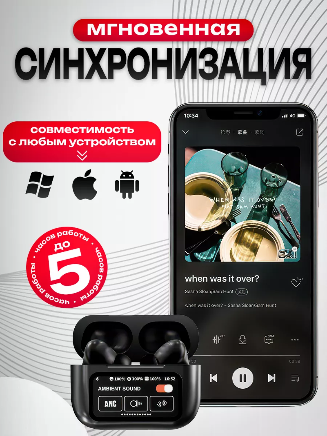 Беспроводные наушники Ar Pods Pro 2, дисплей, ANC, сенсорный экран, черные — фото 1