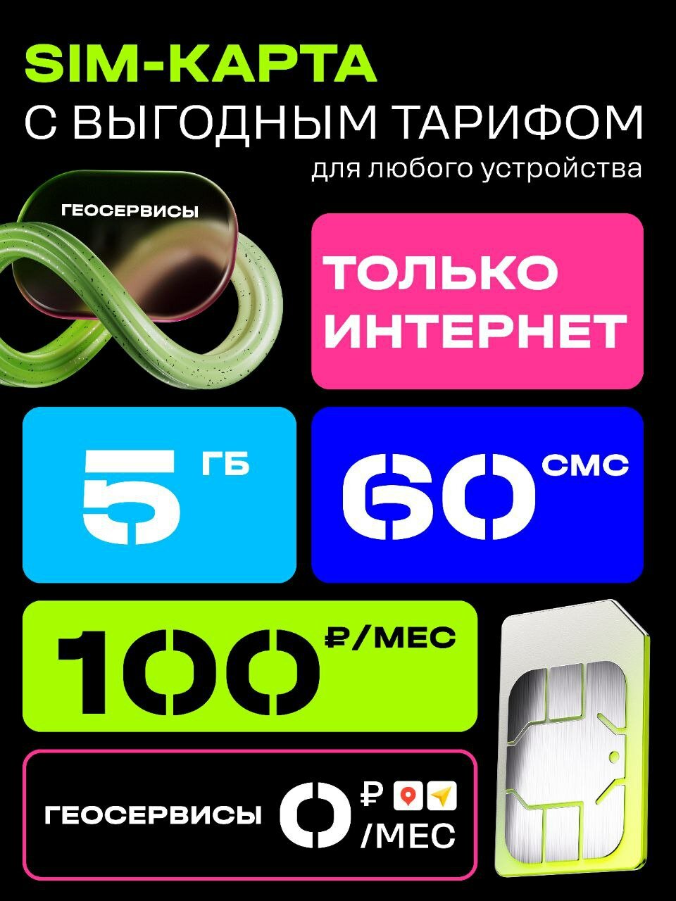 Сим-карта для всех устройств 5 ГБ 60 смс 100 руб/мес. Самостоятельная регистрация. Безлимит на навигатор.