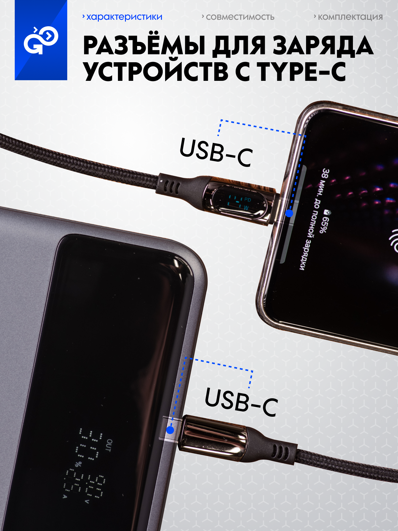 Кабель с дисплеем LCD GoGadget PowerPipe CB002 Type-C / Type-С 1,2 м, 100 Вт для быстрой зарядки — фото 1