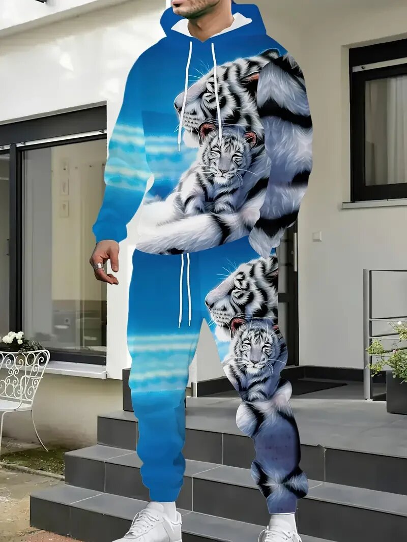 New Lion King Pattern Men's Hoodies Set 3d Printed Animal Clothing long Sleeves+ pants 2-pcs Casual Fashion Tracksuits, XL