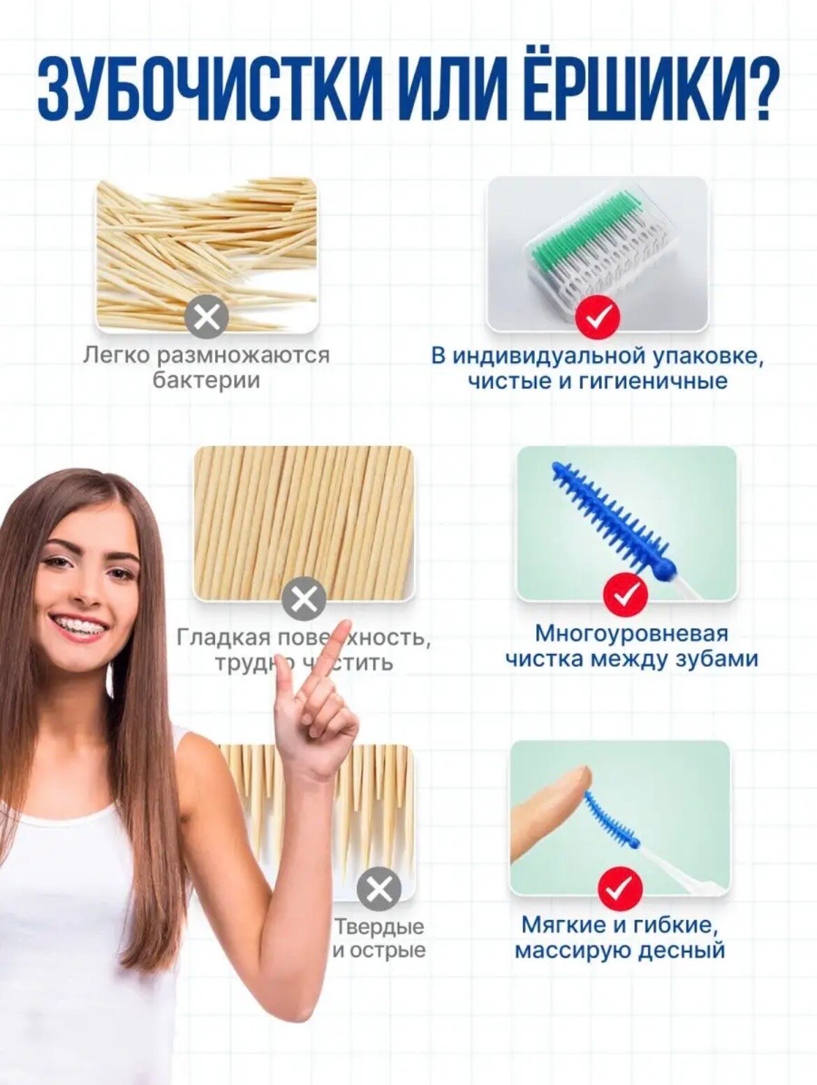 Изображение Силиконовые межзубные зубочистки, ершики для брекетов Изумрудный, мятный цвет 40 шт