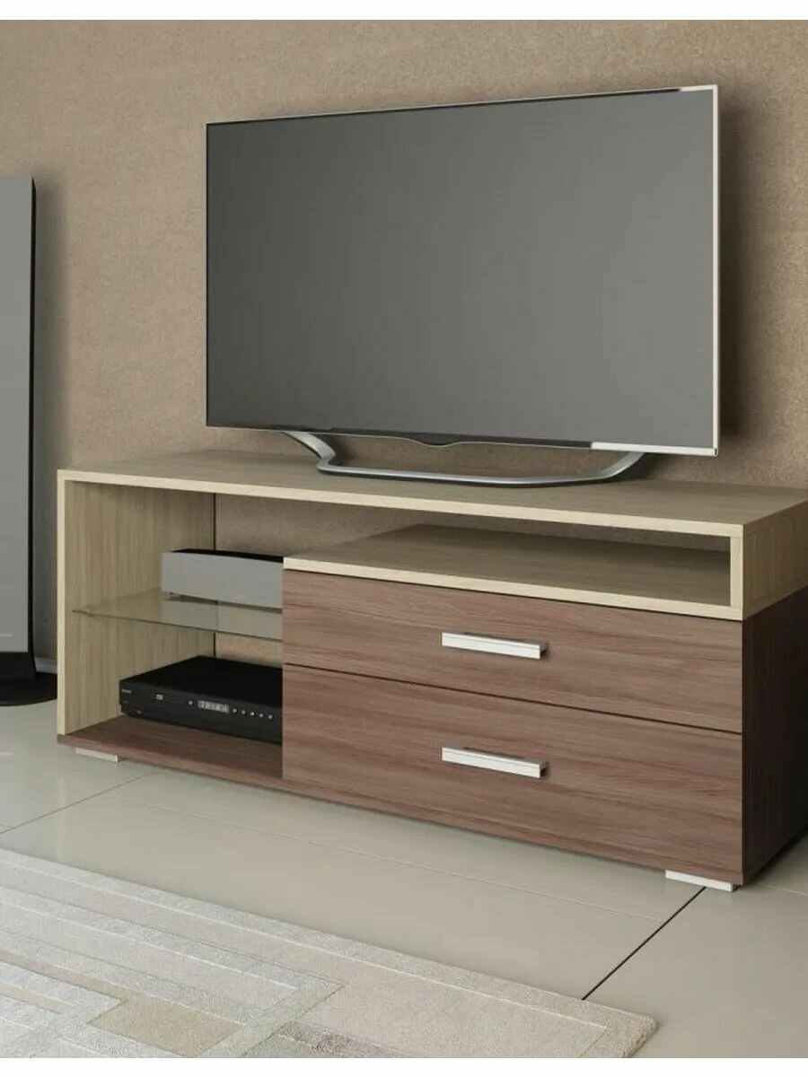 Тумба под телевизор напольная Бруна с ящиками, полкой, стеклом, 115х40.8х48.1 см, Ясень Шимо светлый / Ясень Шимо темный