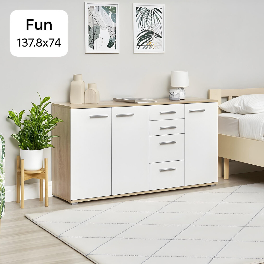 Комод для одежды Нонтон Fun КД-4 дуб сонома / белый, 137.8х34х74 см