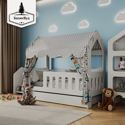 Изображение товара Кровать-домик, Кровать детская с бортиком под матрас 140х70, БазисВуд "Классик" с текстилем (серый с динозавриками) и ящиком