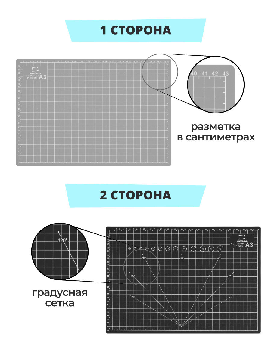Коврик для резки Малевичъ, А3, 3 слоя, черно-серый, самовосстанавливающийся, 30x45 см — фото 1