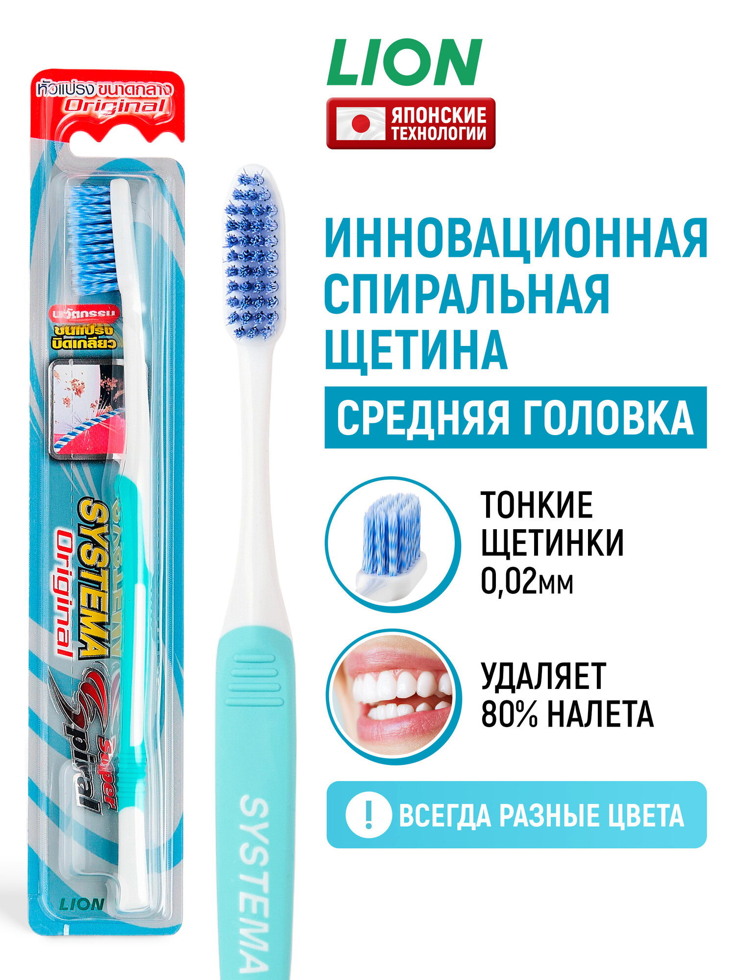 LION Зубная щетка средней жесткости Systema Original Head с тонкой спиральной щетиной, для взрослых, для очищения зубов, в цветовом ассортименте / японские технологии