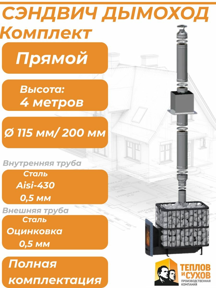 Комплект дымохода 115 х 200 сэндвич, Оцинковка, прямой (Теплов и Сухов)