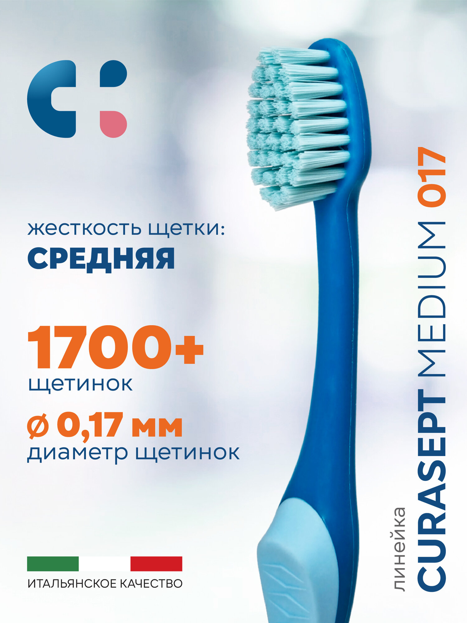 Зубная щетка средняя CURASEPT Medium 017 от зубного налета + защитный колпачок, Курасепт, Италия, бирюзовый-голубой