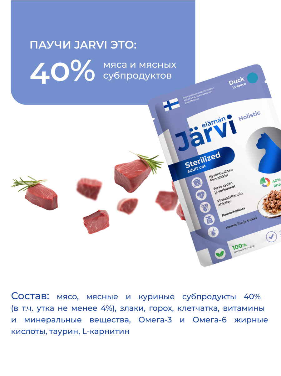 Изображение Влажный корм Jarvi для стерилизованных кошек (кусочки в соусе) Утка, 85 г х 12 шт.