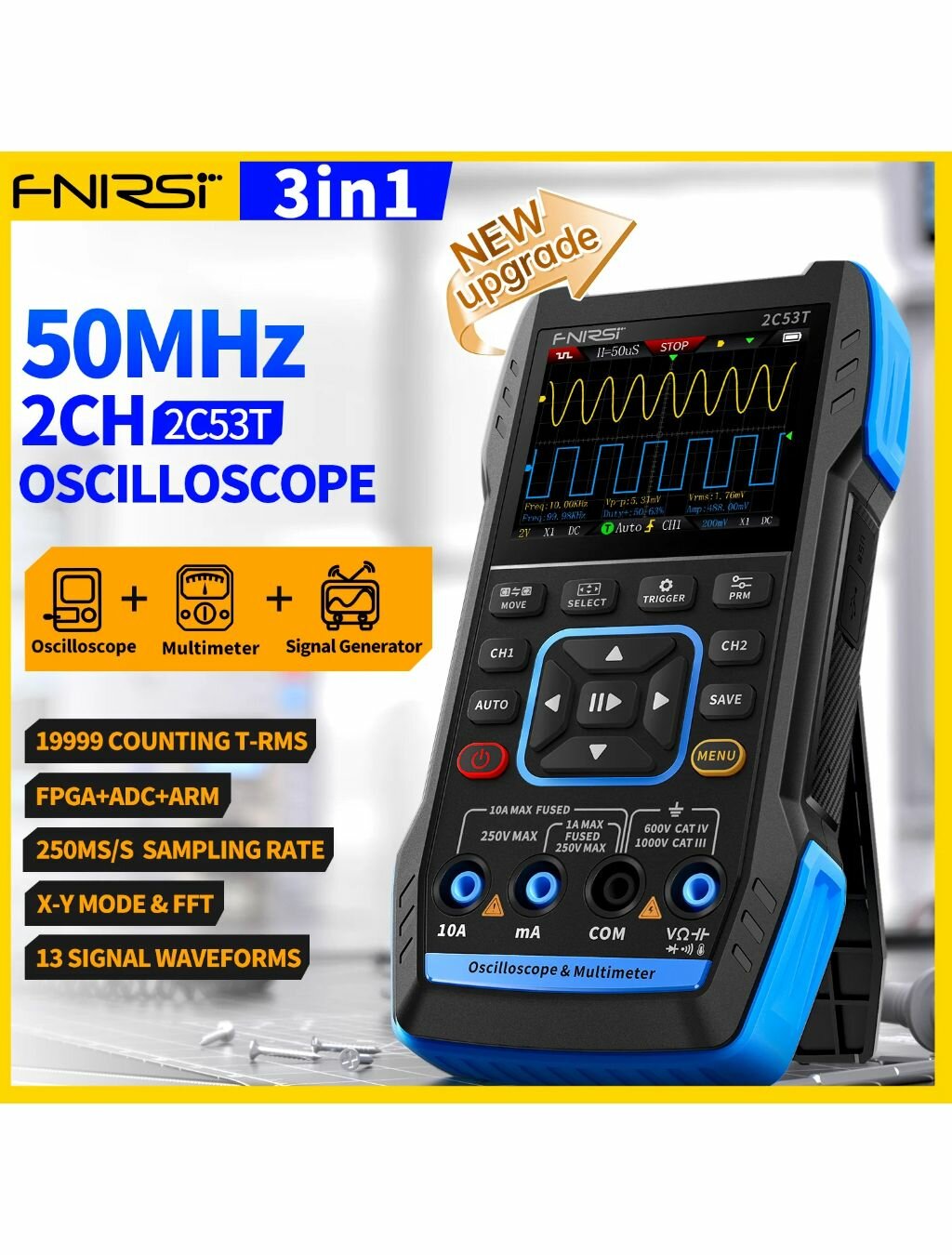 Осциллограф FNIRSI 2C53T, цифровой, двухканальный, 250 мс/с, 50 МГц, в чехле