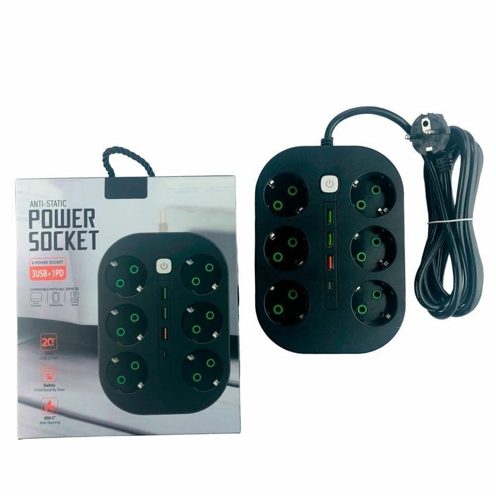 Удлинитель 6 розеток 3 USB 1 PD антистатический с защитой от перегрузки