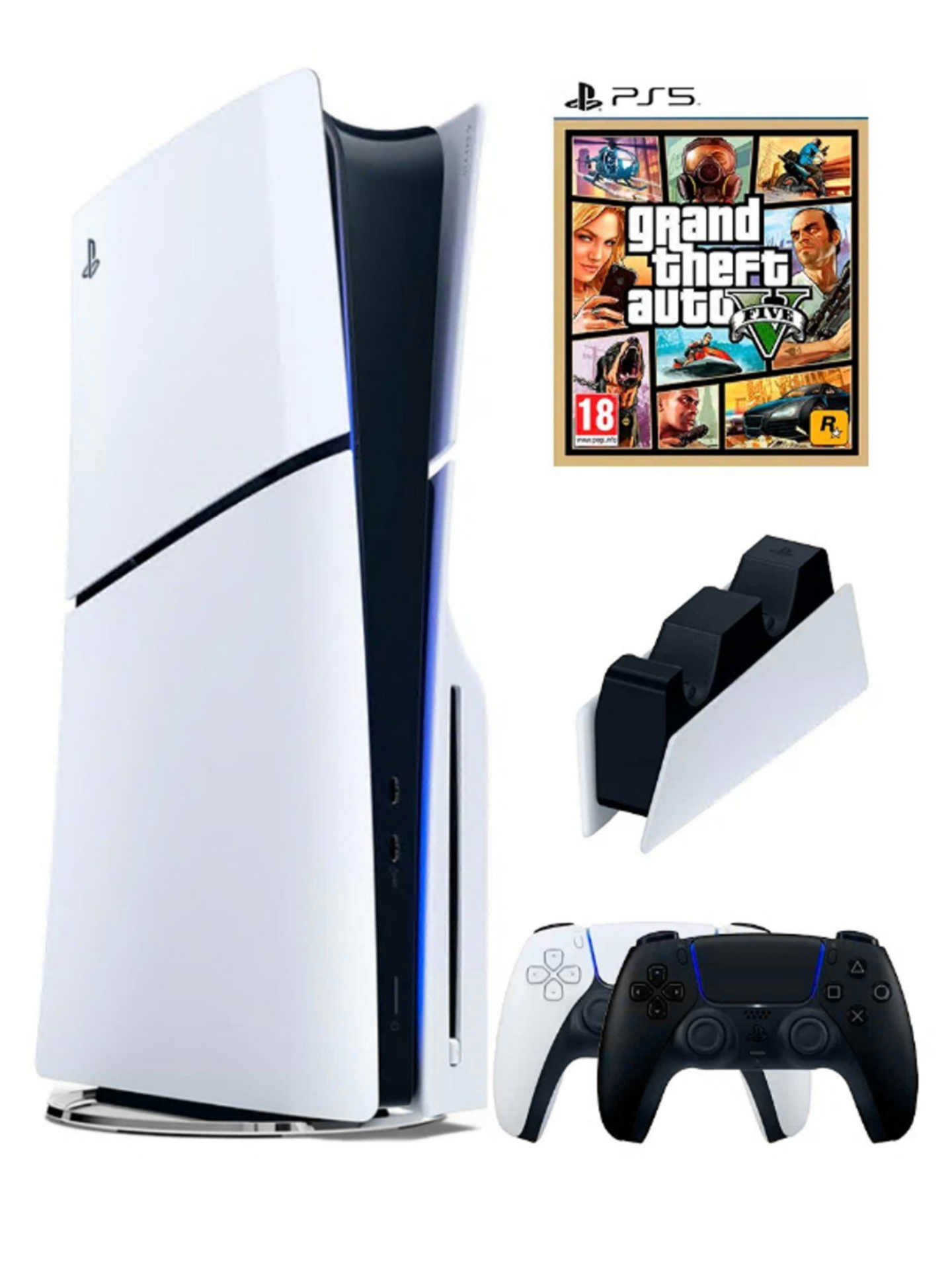 PS5 (ПС5) Игровая приставка Sony PlayStation 5 Slim + 2-й геймпад(черный) + зарядное+ игра GTA5