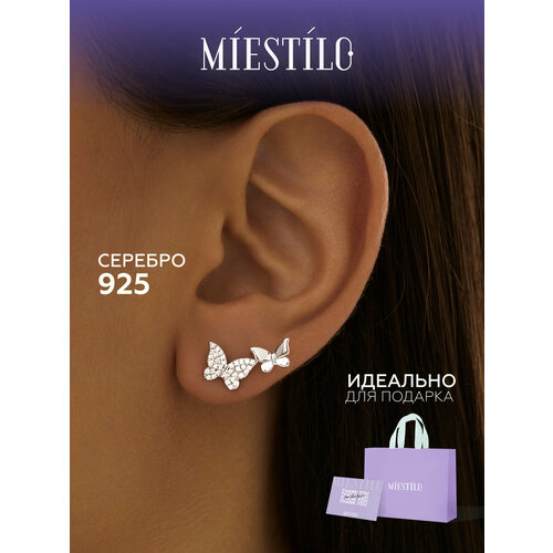 фото Серьги miestilo, серебро, 925 проба, родирование, фианит, размер 10 мм, длина 1.7 см, , серебристый