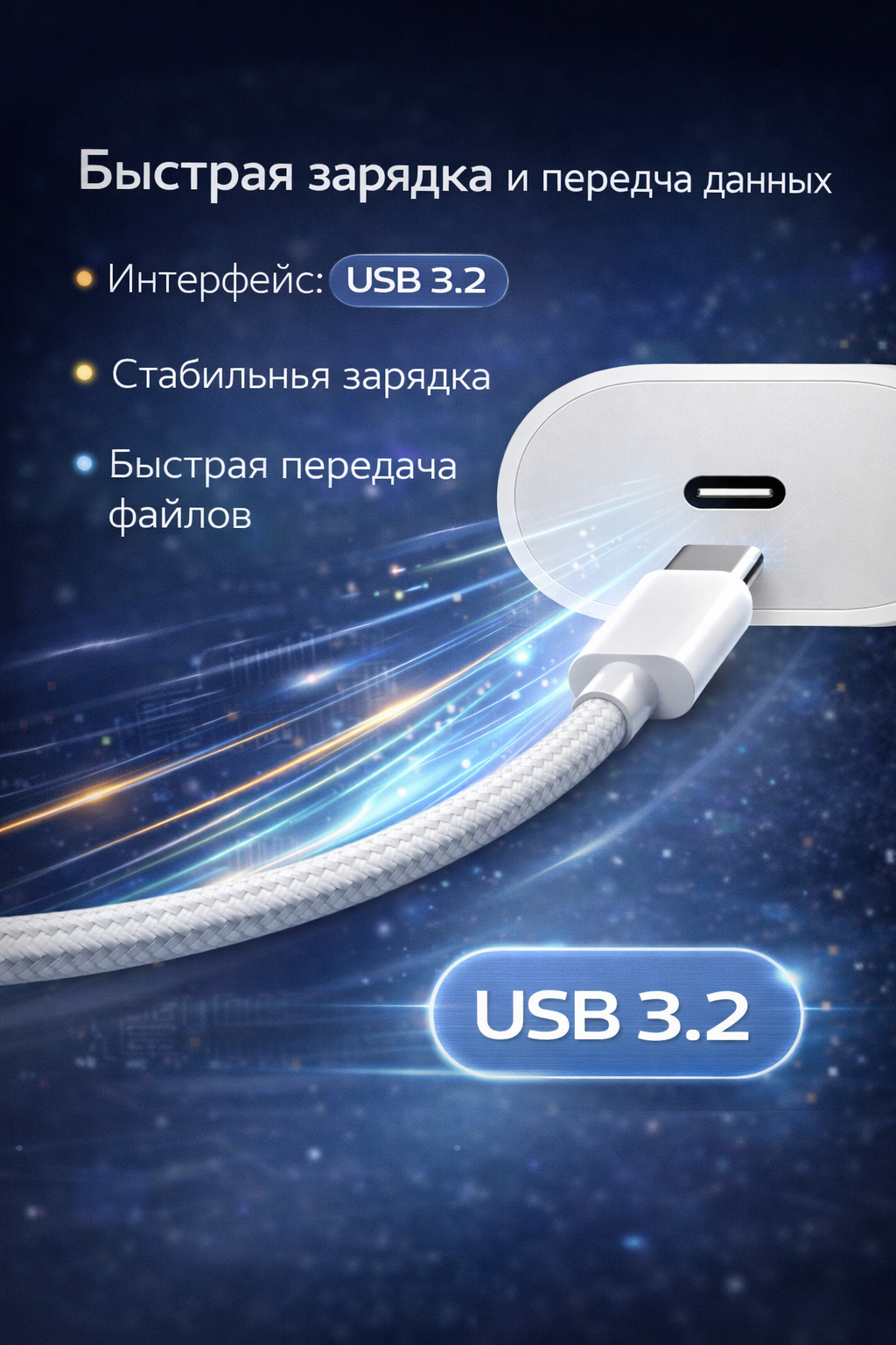 Провод Type-C - Type-C 60 W 1 метр Белый быстрая зарядка для iPhone 15,16, 17, Samsung, Xiaomi и других устройств — фото 1