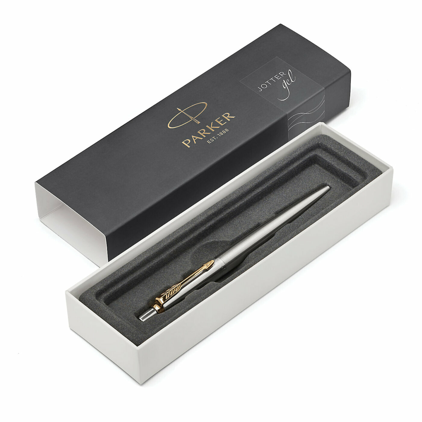 Ручка гелевая Parker "Jotter Stainless Steel GT", корпус серебристый, позолоченные детали, черная (2020647) — фото 1