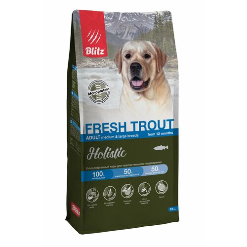 Сухой корм со свежей форелью Blitz Holistic Fresh Trout для взрослых собак средних и крупных пород 12 кг