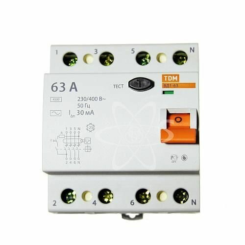 УЗО ВД1-63 4Р 63А 30мА TDM Электрическая износостойкость не менее: 4000 циклов