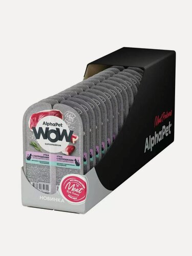 Изображение товара Влажный корм для кошек AlphaPet WOW Утка c потрошками ломтики в соусе, упаковка 80 гр х 15 шт
