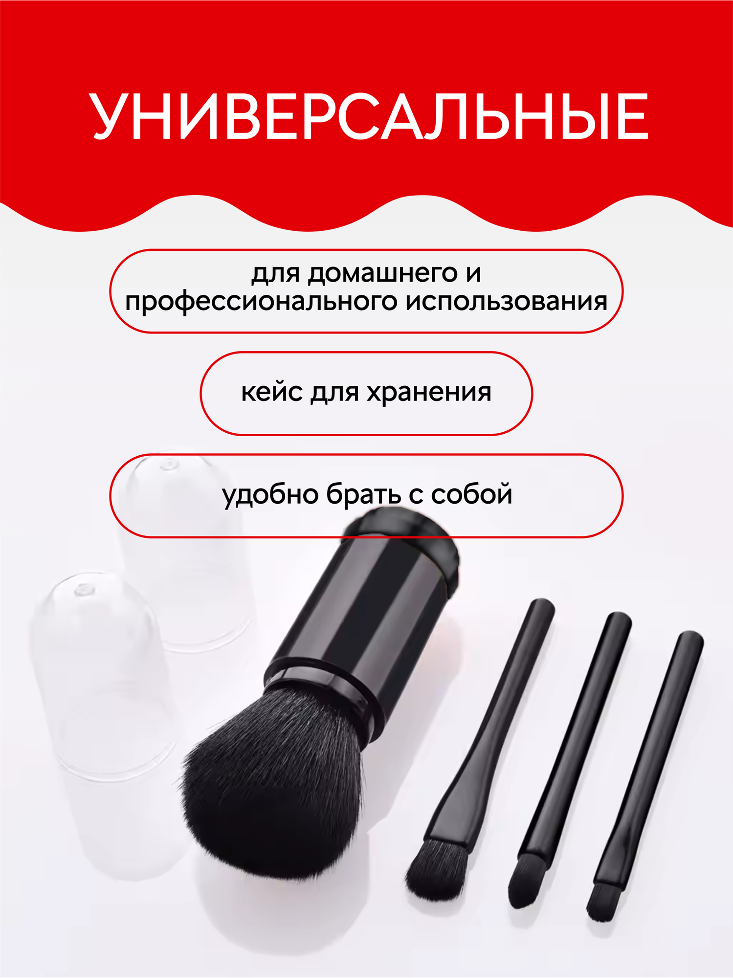 Универсальный набор кистей для макияжа лица и глаз в футляре, 4 шт, черный — фото 1