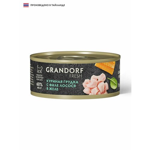 Влажный беззерновой корм для взрослых кошек Grandorf Fresh с куриной грудкой и филе лосося в желе, в консервах - 70 г х 6 шт
