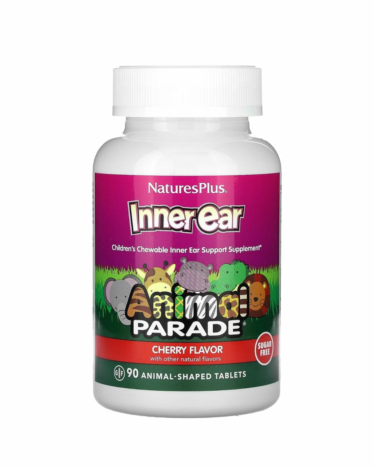NaturesPlus Animal Parade Inner Ear Sugar Free 90 chewable tabs Cherry  Поддержка здоровья внутреннего уха для детей 90 жевательных конфет
