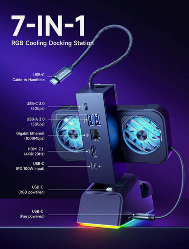 Изображение товара Док-станция (7 в 1) JSAUX HB0705 с охлаждением и RGB-подсветкой для ROG Ally X, ROG Ally, Steam Deck, Legion GO, черная