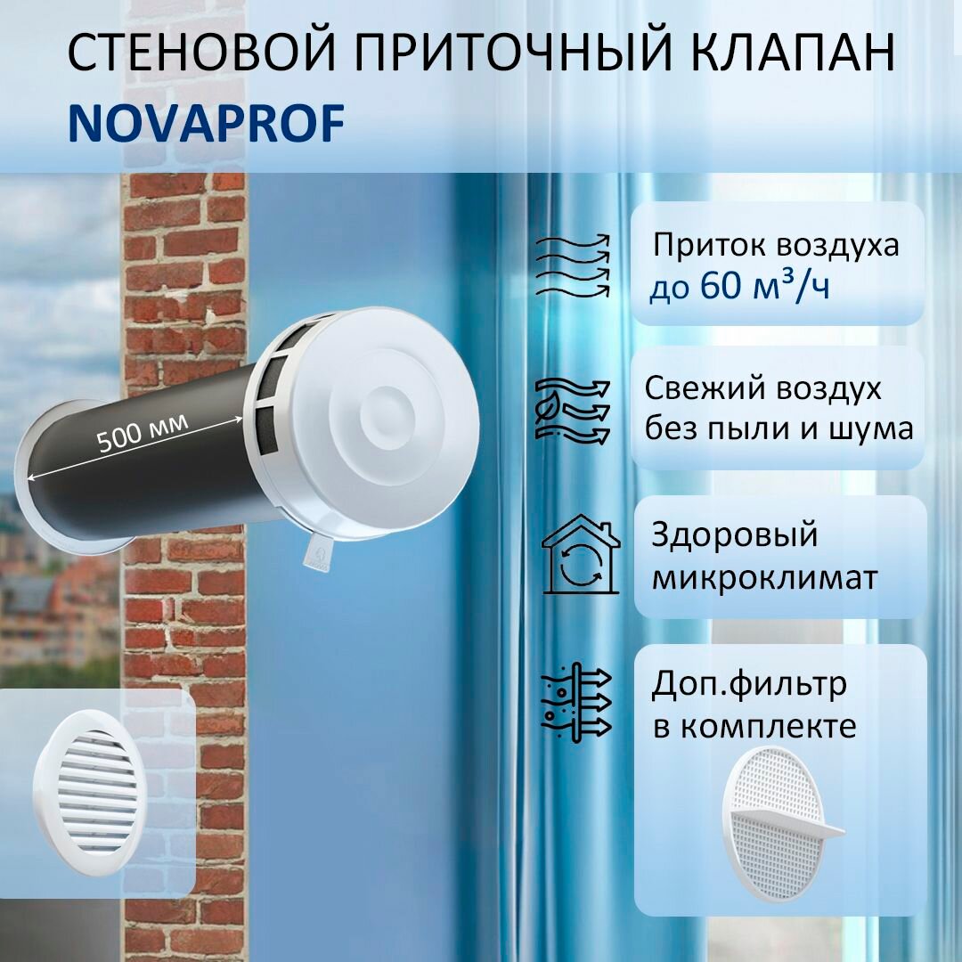 Приточный клапан стеновой NovaPROF КИВ-125 с трубой 0,5 м, фильтром и решеткой RAL9016