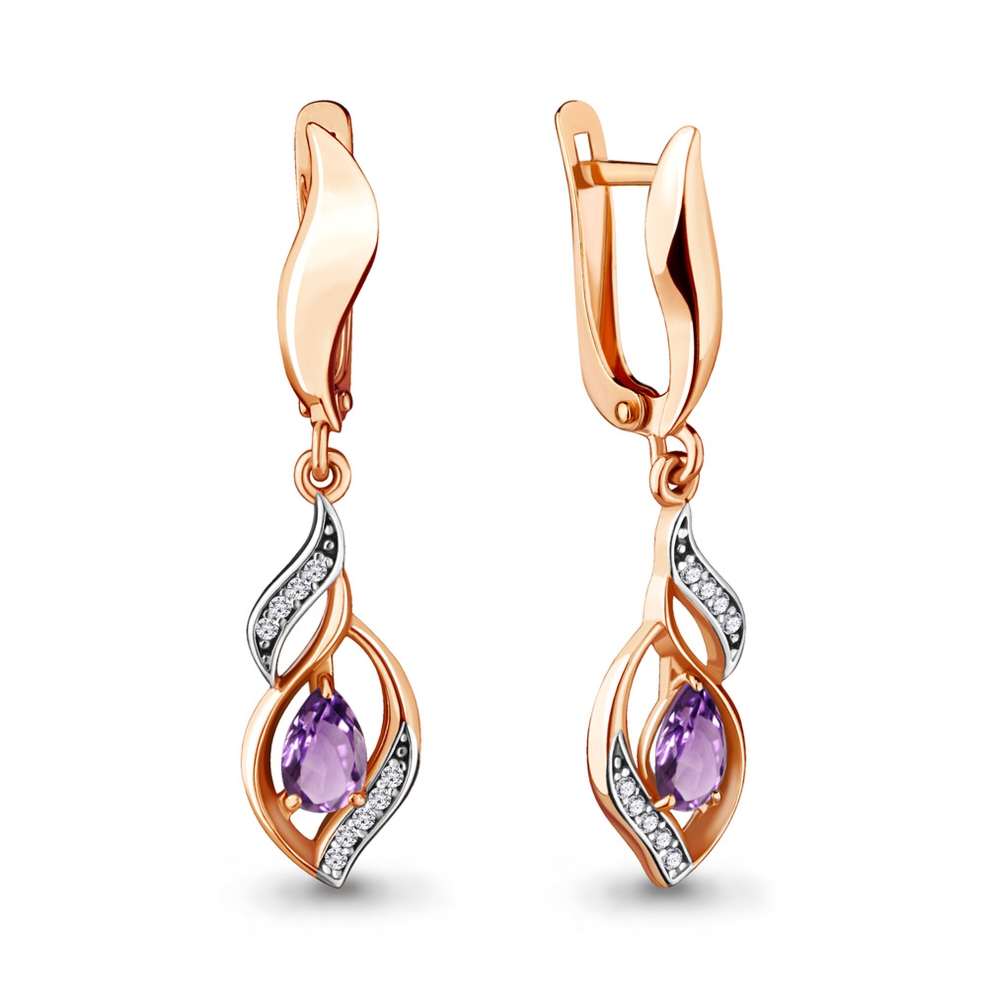Серьги Diamant online, серебро, 925 проба, золочение, аметист, фианит