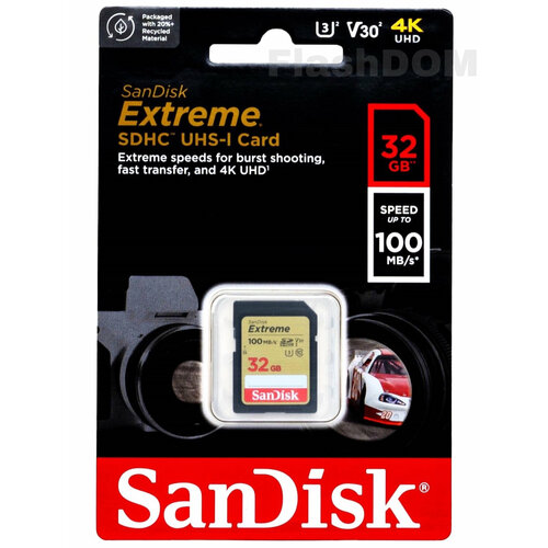 Карта памяти SanDisk Extreme SDXC 32 ГБ Class 10 UHS-I U3 V30 (R/W 100/60 Mb/s)
